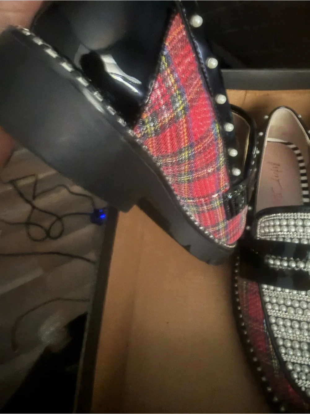 Betsey Johnson Black and Pink Pearl-Embellished Platform Loafers